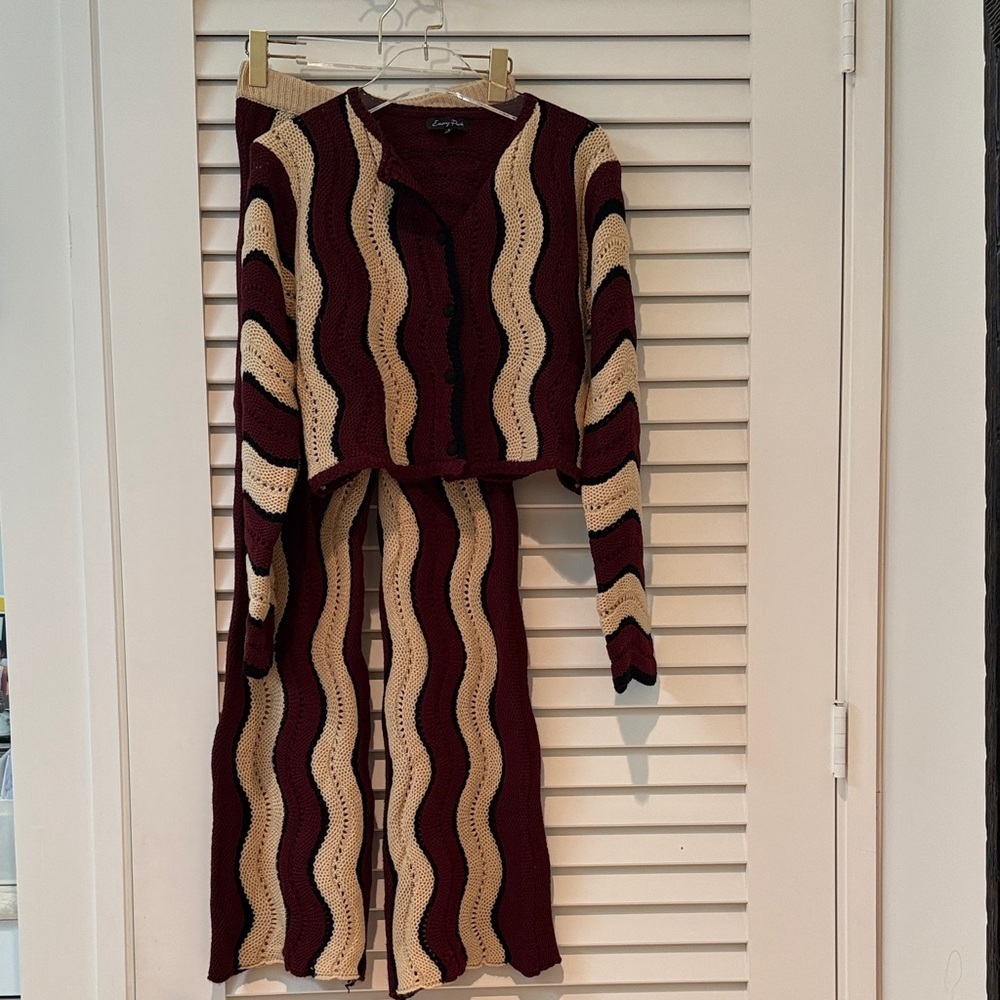 Emory Park Burgundy Cream Crochet Knit Cardigan Wide Leg Pants Set VGUC - Picture 4 of 4